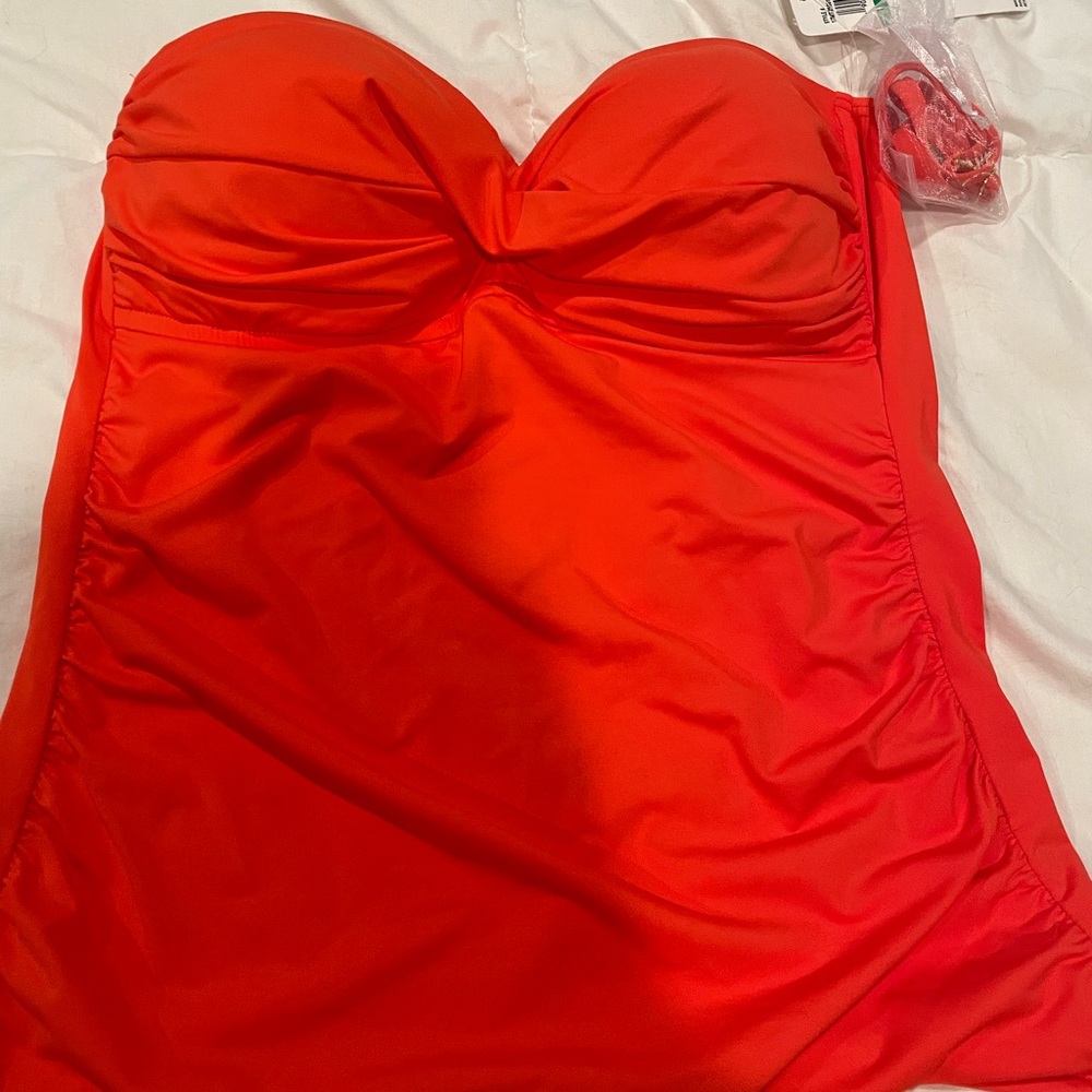 NWT Anne Cole Twist Front Bandeaukini Swim Top size large in sunset orange color